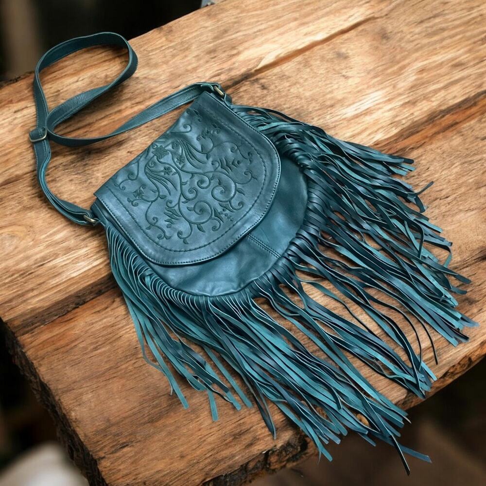 Art Nouveau Embroidered Leather Fringe Crossbody Bag Teal Boho Western Festival
